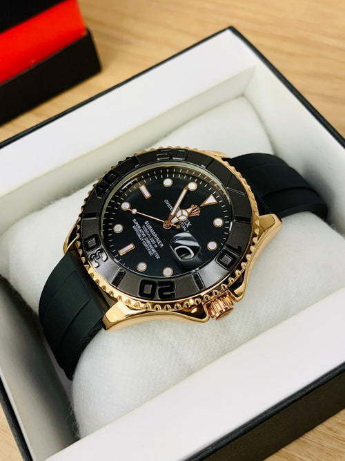 Black & Gold Submariner-Style Watch – Rubber Strap | Auretimes Auretimes